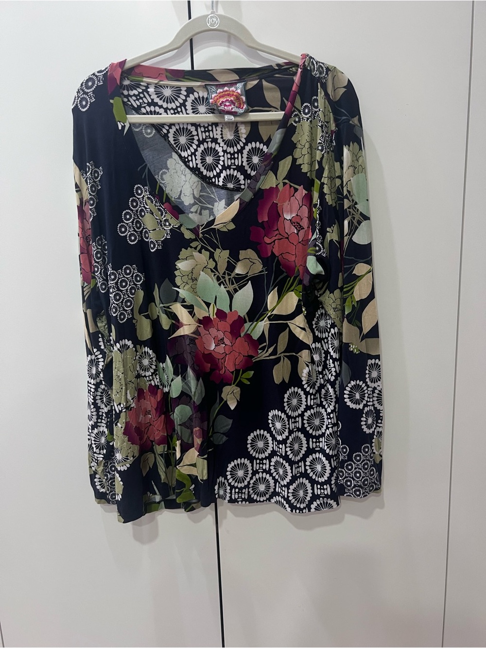 Johnny Was Black V-Neck Long Sleeve Top with Burgundy Floral